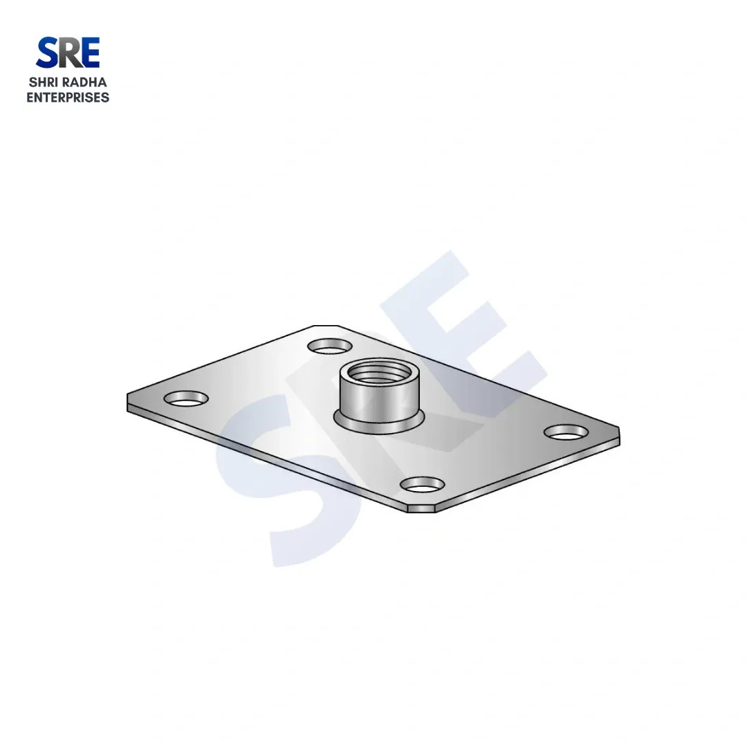 Flat steel Base Plate with internal threading and four corner anchoring holes for steel scaffolding stabilization.