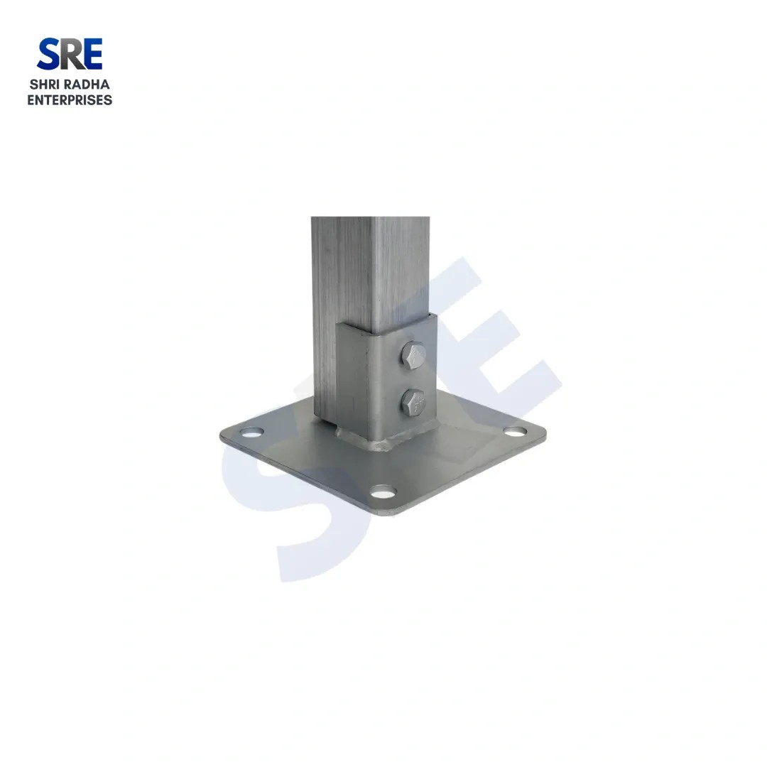 Square Steel Base Plate with Side Bolted Column Support for Building Construction Heavy-duty square steel Base Plate supporting an upright metal column with side securing bolts for structural building construction.
