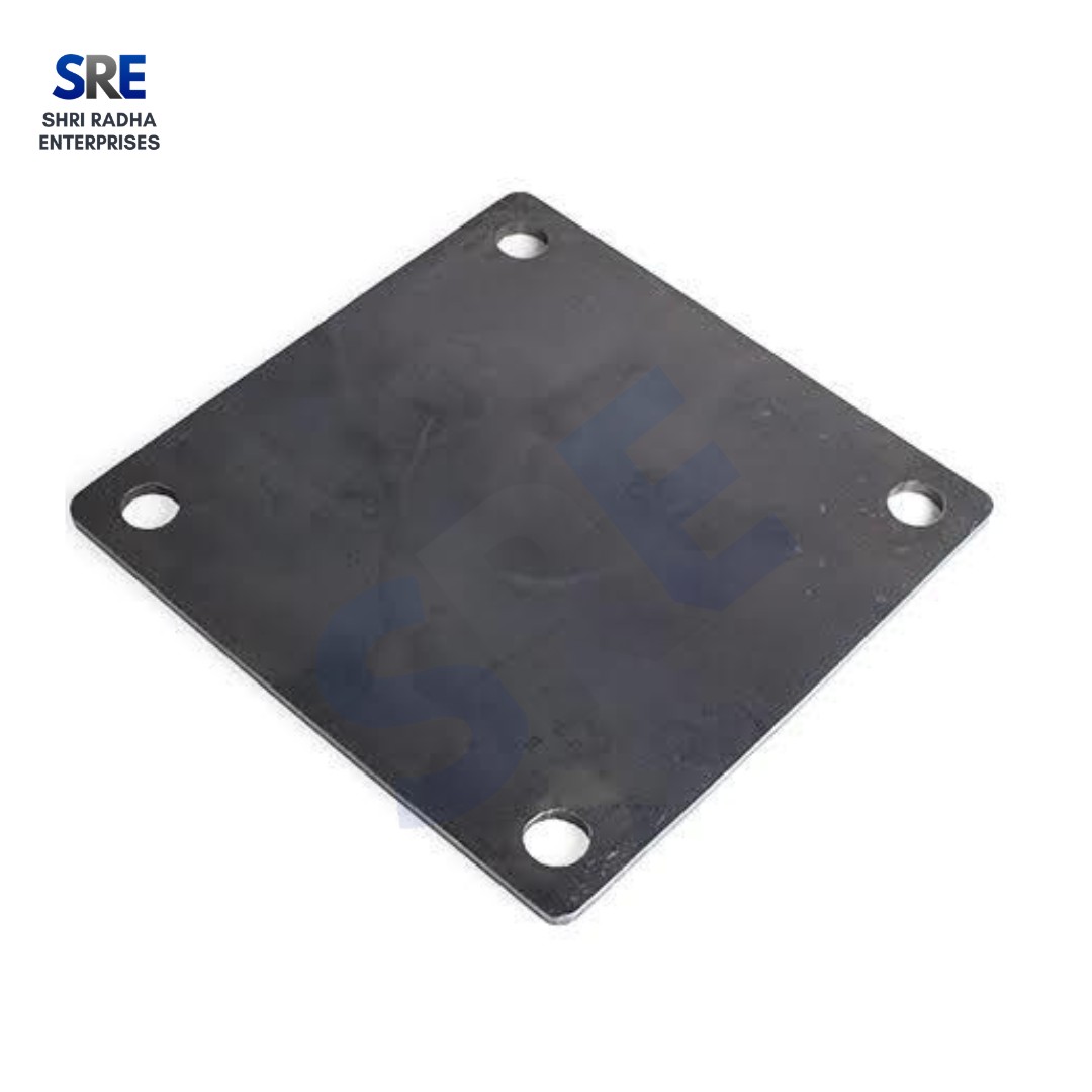 A high-angle studio shot of a raw, ungalvanized square steel base plate with four precision-drilled corner holes, showcasing industrial grade thickness and texture for B2B procurement evaluation.