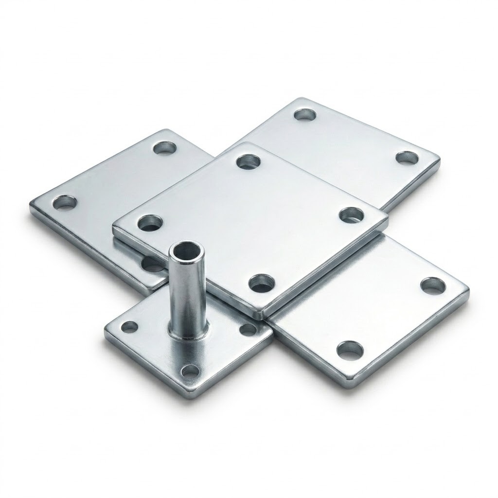 A group of bright galvanized scaffolding base plates stacked together, including one plate with a firmly welded vertical spigot pin, featuring clean pre-drilled corner holes by Shri Radha Enterprises.