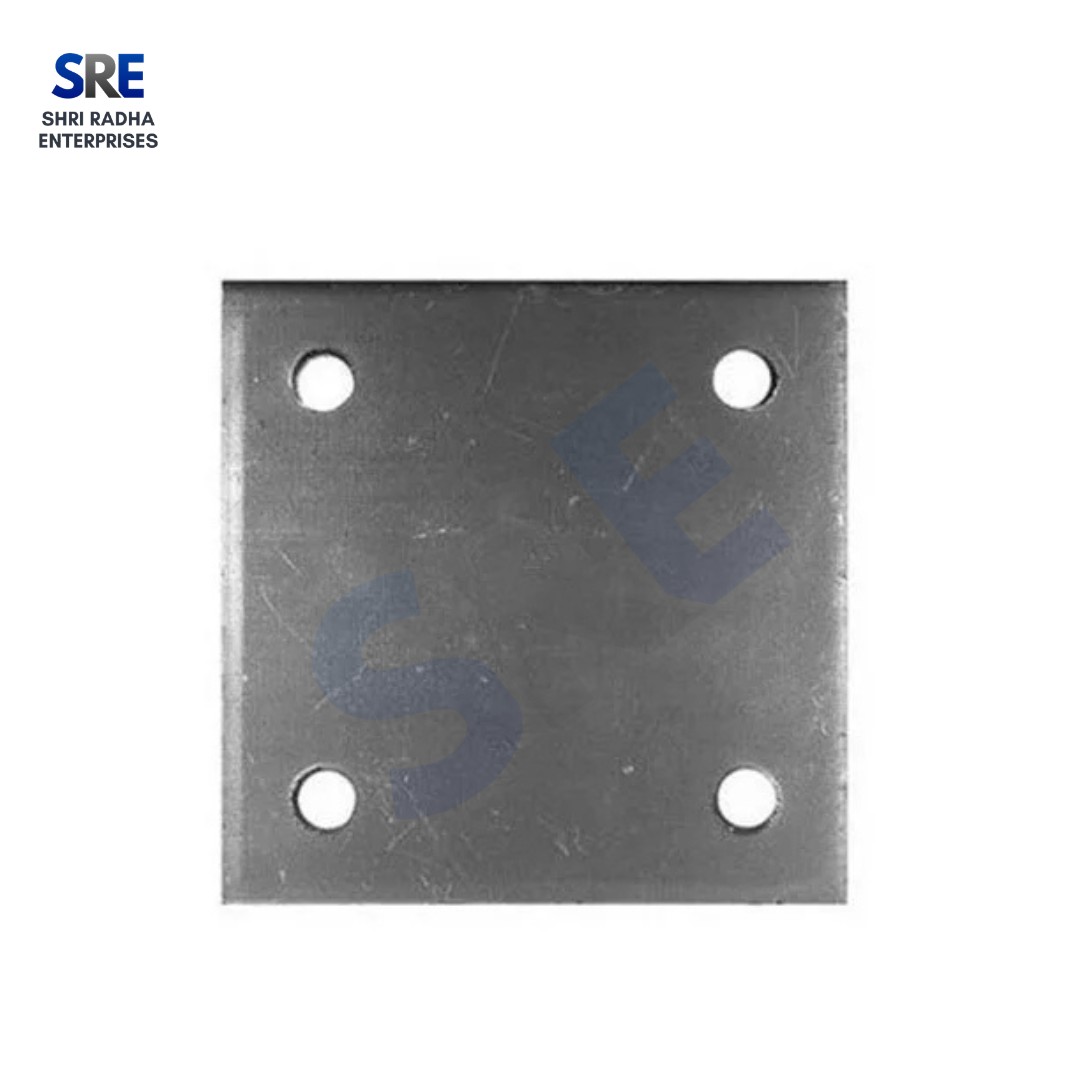 Top view of a square carbon steel scaffolding flat base plate with four precision corner punch holes by Shri Radha Enterprises.