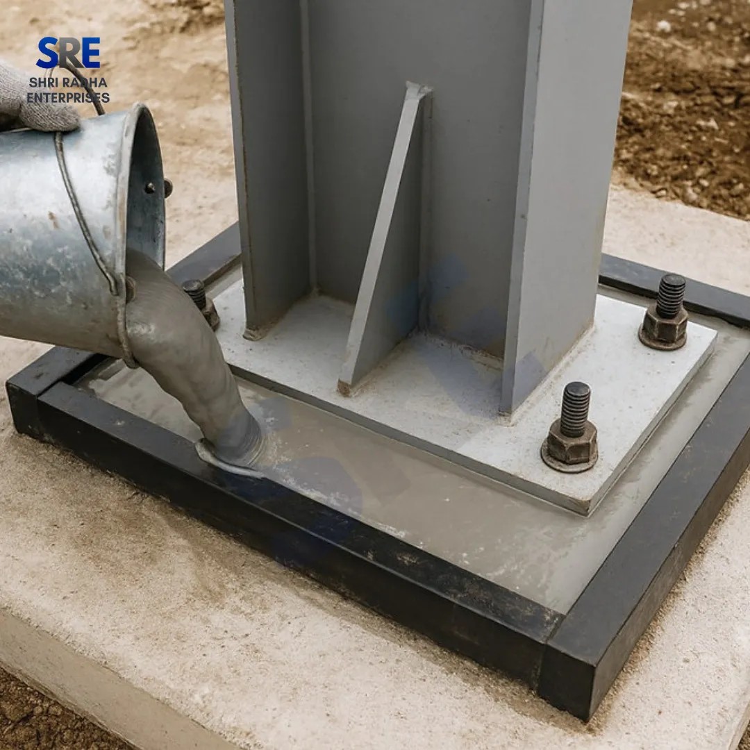 Workers pouring liquid cement grout from a metal bucket into a formwork around a heavy-duty structural steel column base plate anchored with heavy foundation bolts for Shri Radha Enterprises.