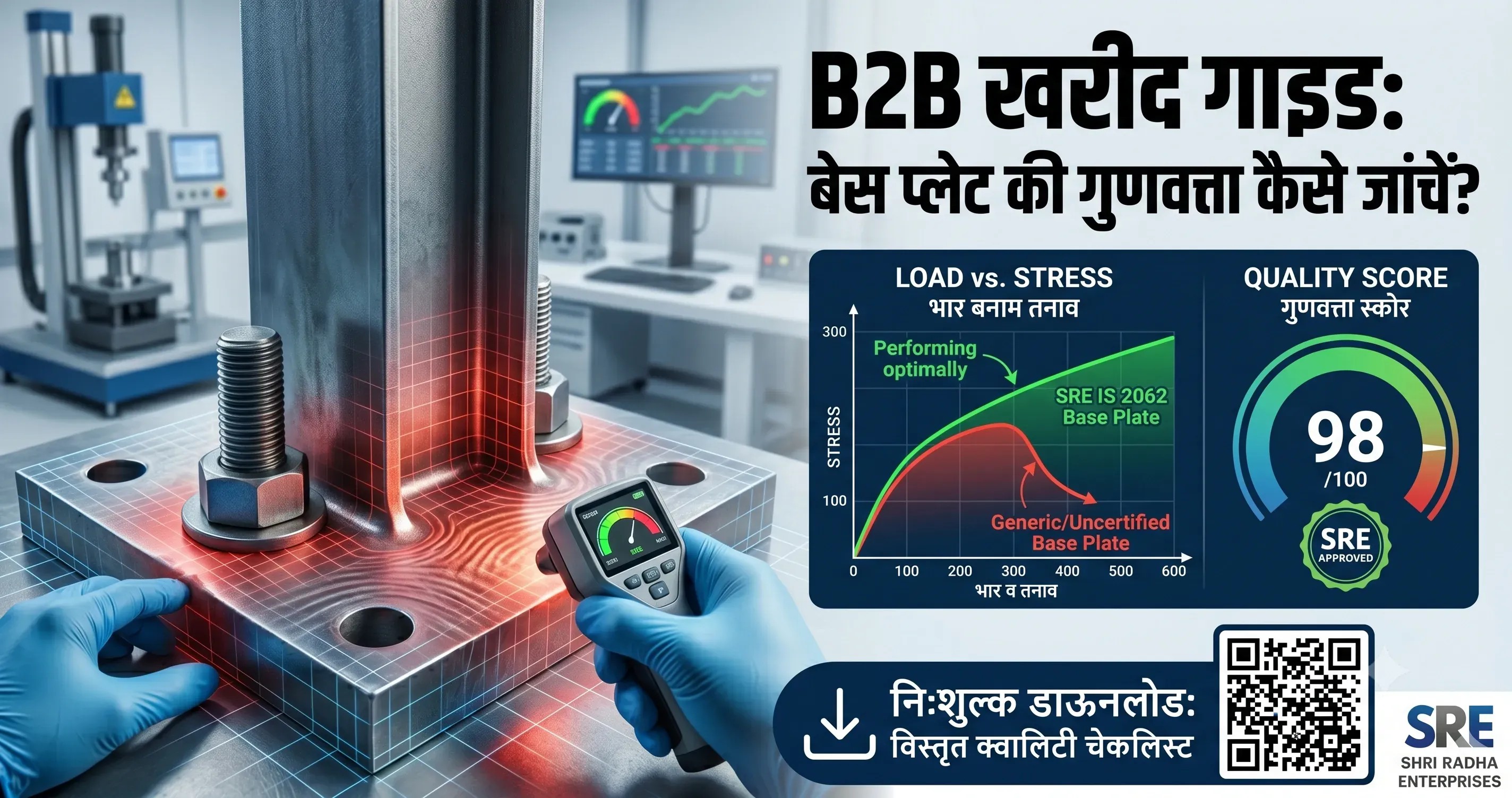 An industrial laboratory testing a steel scaffolding base plate for stress and load capacity with technical data charts for Shri Radha Enterprises.