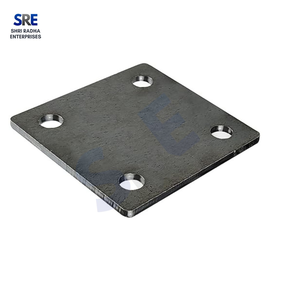 SRE Galvanized Base Plates Stacked for Quality Inspection A stack of four square galvanized steel base plates with pre-drilled holes by Shri Radha Enterprises isolated on a white background.