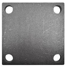 Square Steel Base Plate with Four Corner Holes Top view of a square raw steel base plate with four pre-drilled corner holes ready for quality check and scaffolding assembly.