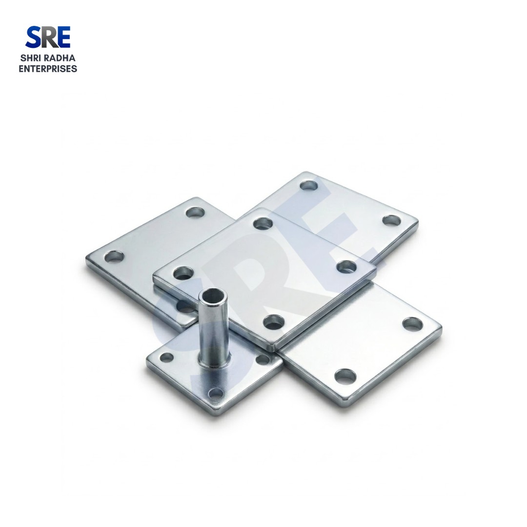 Galvanized Scaffolding Base Plates with Spigot | Shri Radha Enterprises Premium zinc-plated scaffolding base plates with welded central spigot pins and anchoring holes manufactured by Shri Radha Enterprises for industrial scaffolding frameworks.