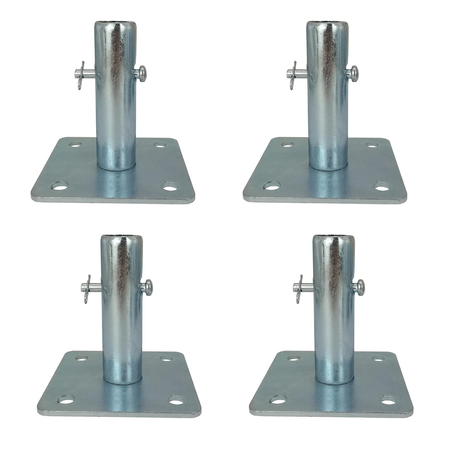 Zinc-Coated Scaffolding Base Plates with Alignment Spigot | Shri Radha Enterprises Hot-dip galvanized scaffolding base plate stack showcasing a precision-welded central alignment spigot tube and pre-drilled corner holes by Shri Radha Enterprises.