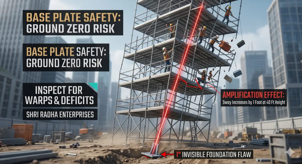 Scaffolding Base Plate Safety: Invisible 1-Degree Ground Flaw Risks Tower Collapse A safety diagram illustrating how a small 1-degree invisible foundation flaw in a scaffolding base plate multiplies into massive dangerous swaying in high-altitude vertical standards at a construction site.